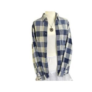 Eddie Bauer Mens Med Blue Check Plaid Flannel Long Sleeve Button Up Cotton Shirt